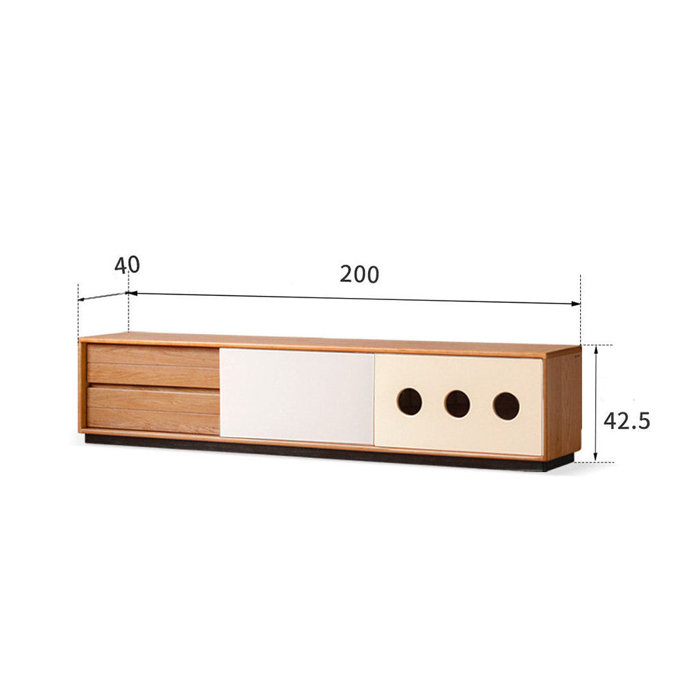 Tonnac solid cherry entertainment unit with drawers, glass shelving and modern retro design in a Kiwi living room