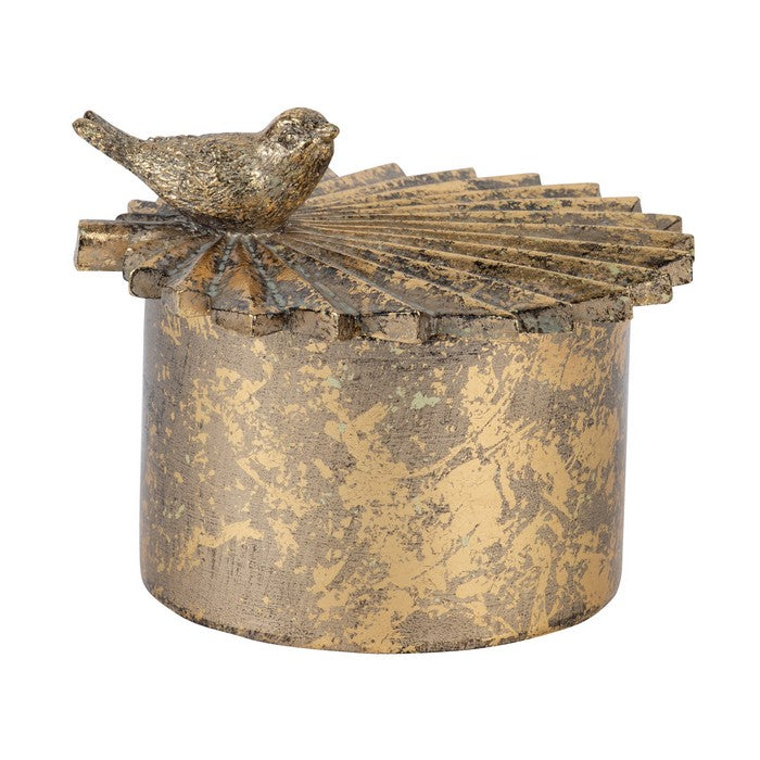 Distressed gold trinket box with round base, leaf-shaped lid and perched bird detail