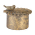 Distressed gold trinket box with round base, leaf-shaped lid and perched bird detail