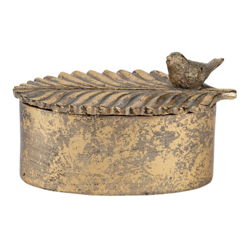 Antique gold trinket box with leaf-textured lid and small bird ornament on top