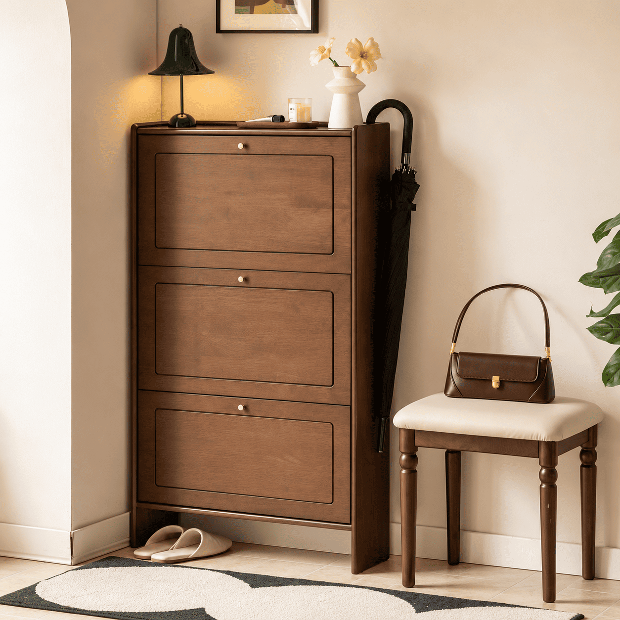 Tulsa Solid Rubber Wood Shoe Cabinet in Walnut Colour
