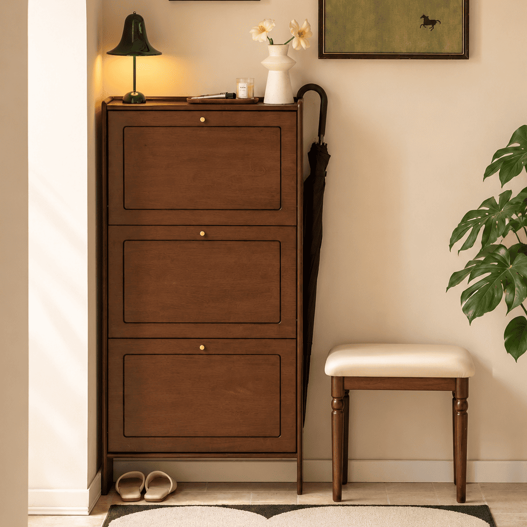 Tulsa Solid Rubber Wood Shoe Cabinet in Walnut Colour