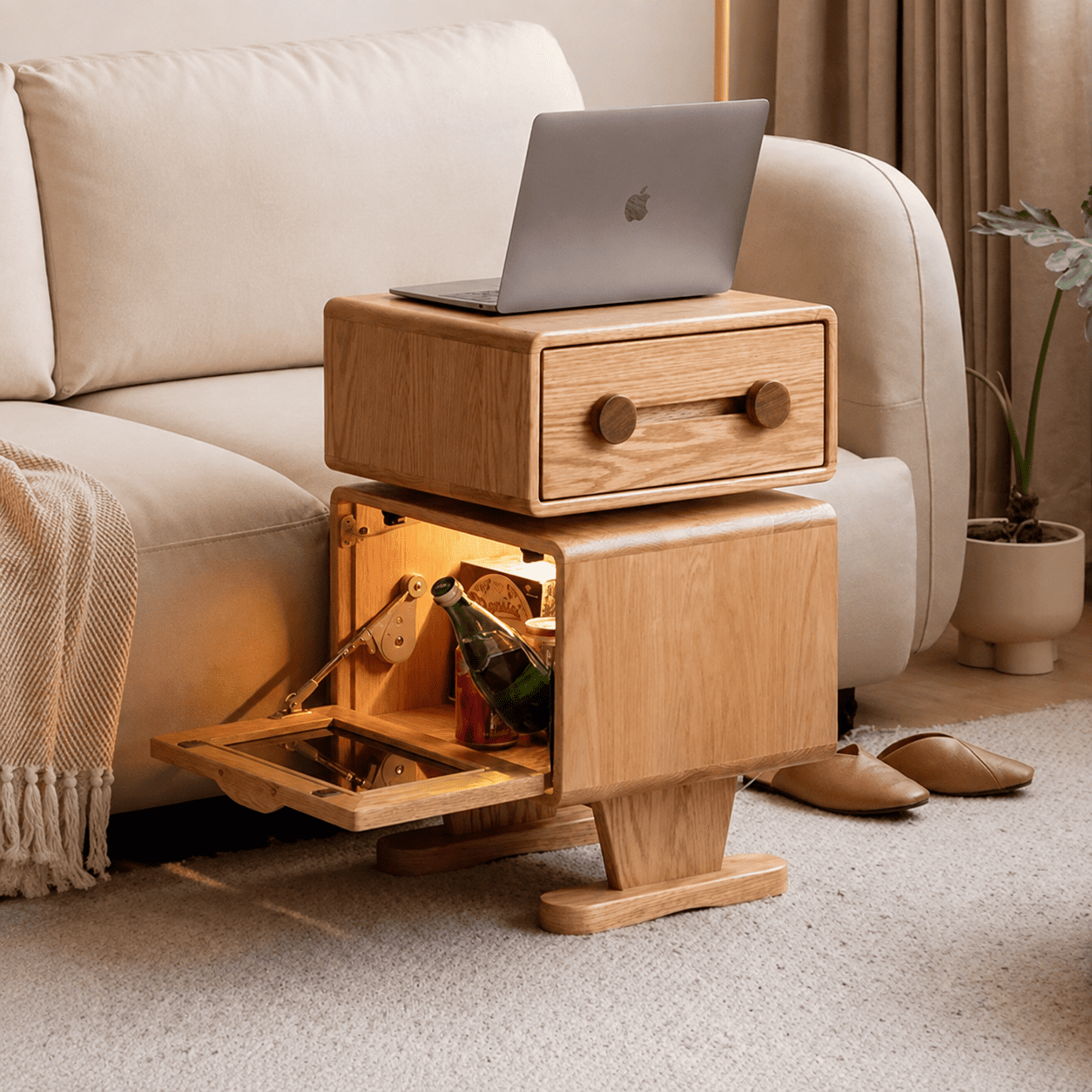 Urban Kidz Natural Solid Oak Robot Design Bedside Table with drawer, open storage, and playful robot-style legs beside a sofa

