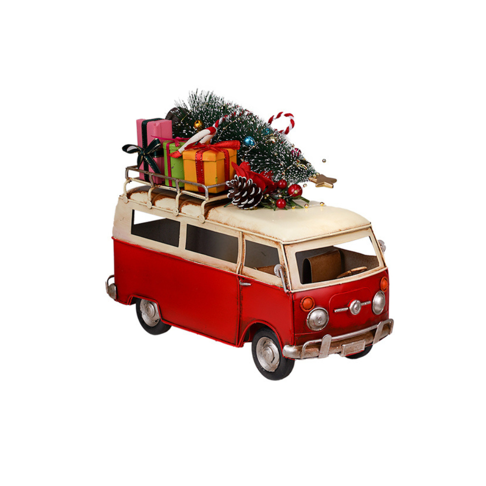 25.5cm vintage red Christmas campervan ornament with wrapped gifts, pine garland and festive decorations on roof
