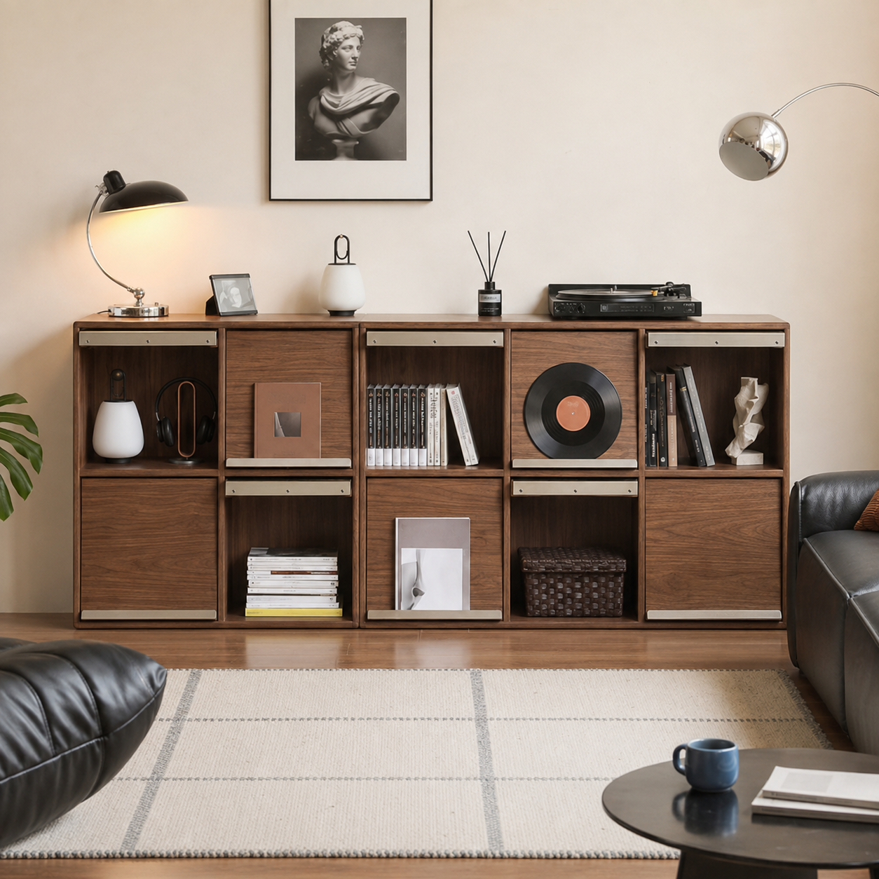 Three-section walnut sideboard with open storage and sliding wood panels used as a home coffee station.