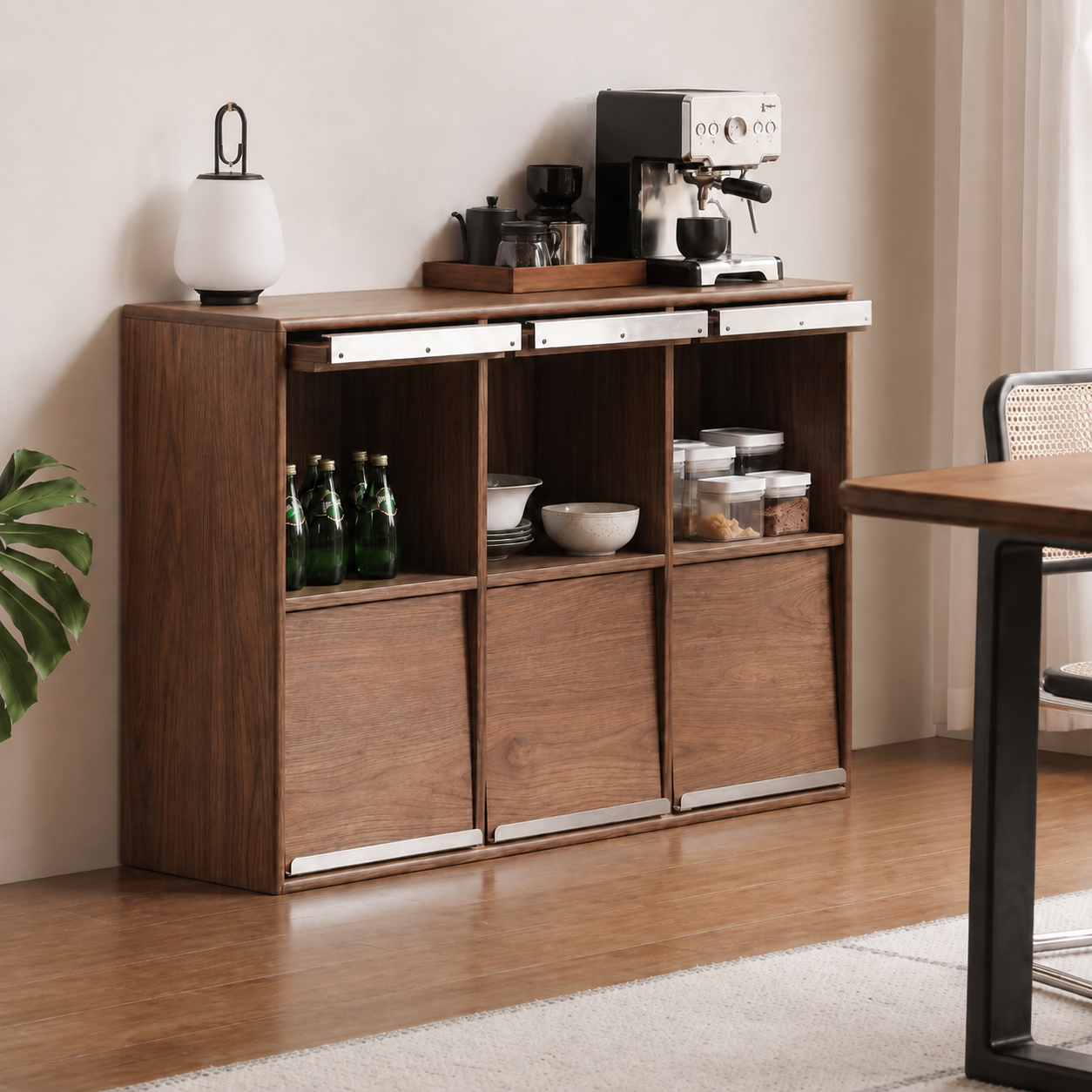 Three-section walnut sideboard with open shelving and sliding wood panels in a bright dining room.