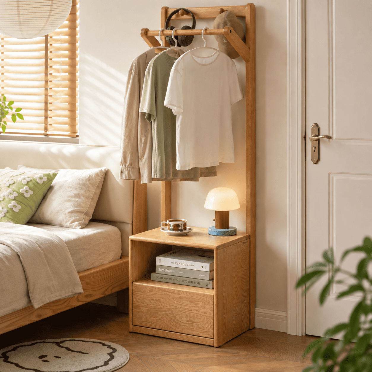 Warburg natural solid oak coat rack with hanging rail, storage drawer, open shelf and bedroom styling
