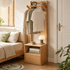 Warburg natural solid oak coat rack with hanging rail, storage drawer, open shelf and bedroom styling