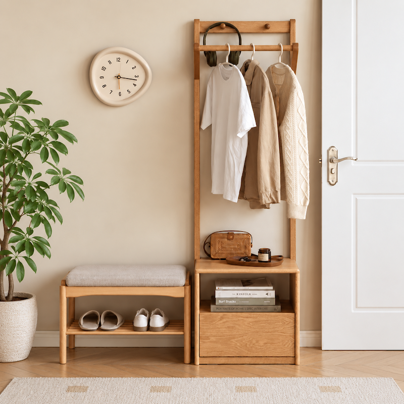 Warburg natural solid oak coat rack with drawer unit, hanging clothes and matching oak bedroom furniture