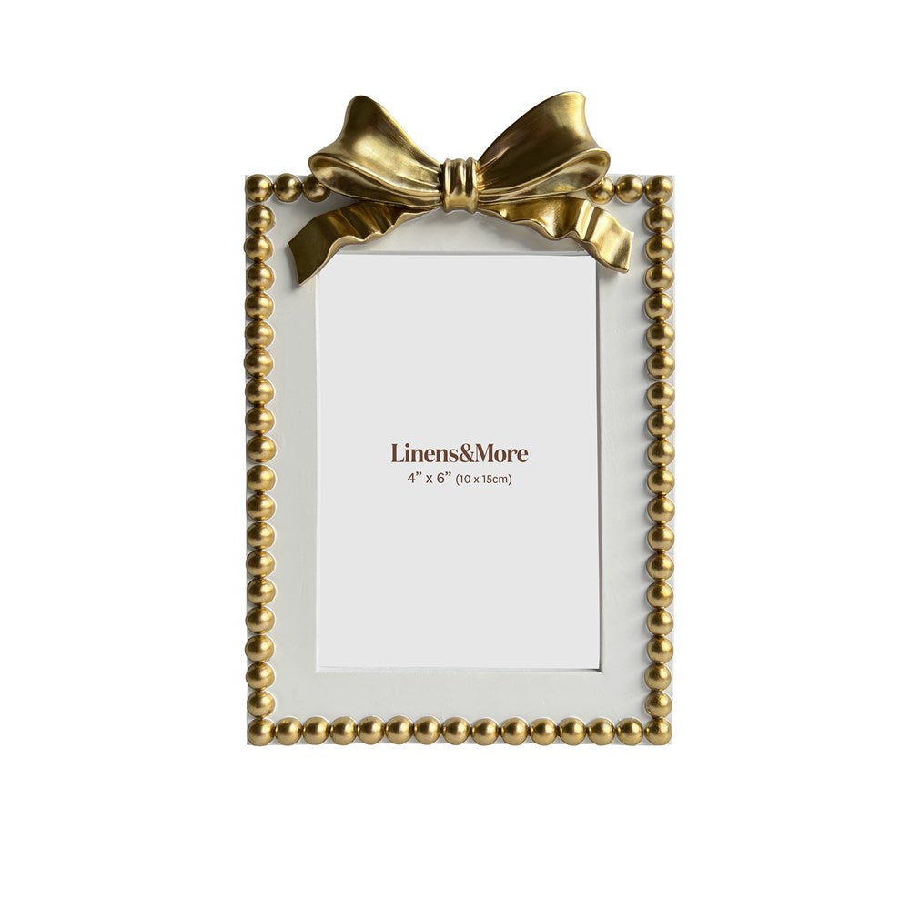 White and gold bow photo frame with gold bead trim for 4 x 6 inch photos