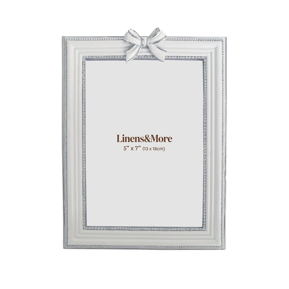 White and silver ribbon photo frame with bow detail for 5 x 7 inch photos