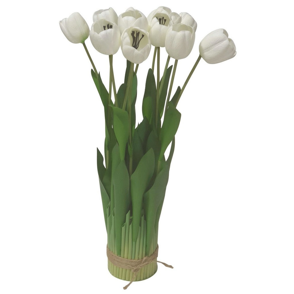 White tulip arrangement with 12 heads and natural green stems for decorative floral styling
