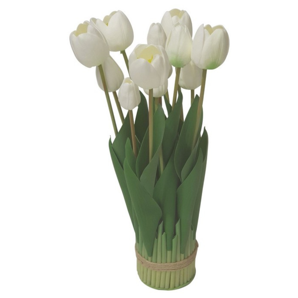 White tulip arrangement with 9 heads and green leaves for fresh floral home décor