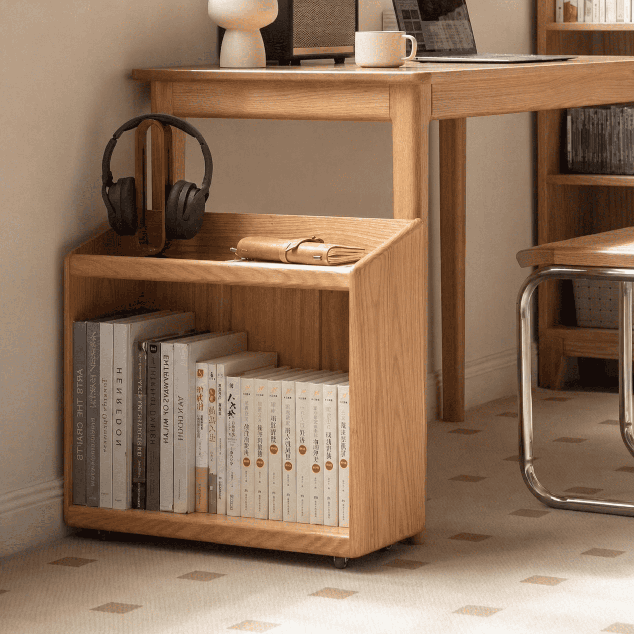 Mobile wooden storage unit with open shelves and caster wheels for flexible home organisation