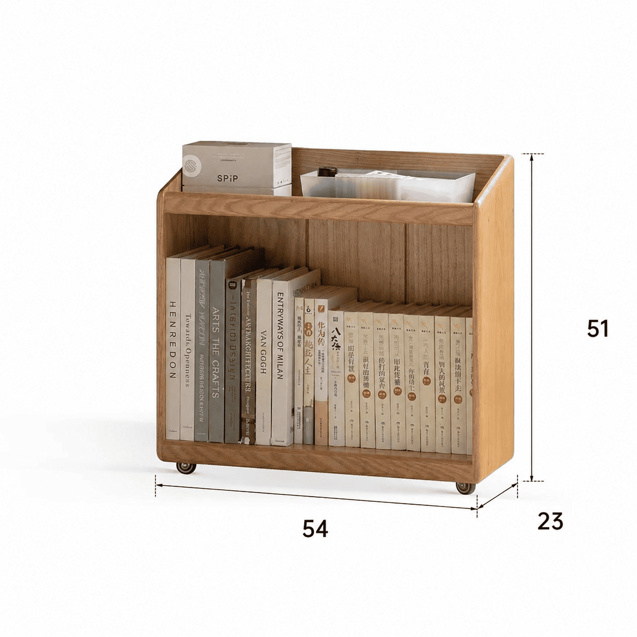 Contemporary wooden rolling cabinet with open book storage and a natural oak finish