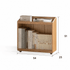 Contemporary wooden rolling cabinet with open book storage and a natural oak finish