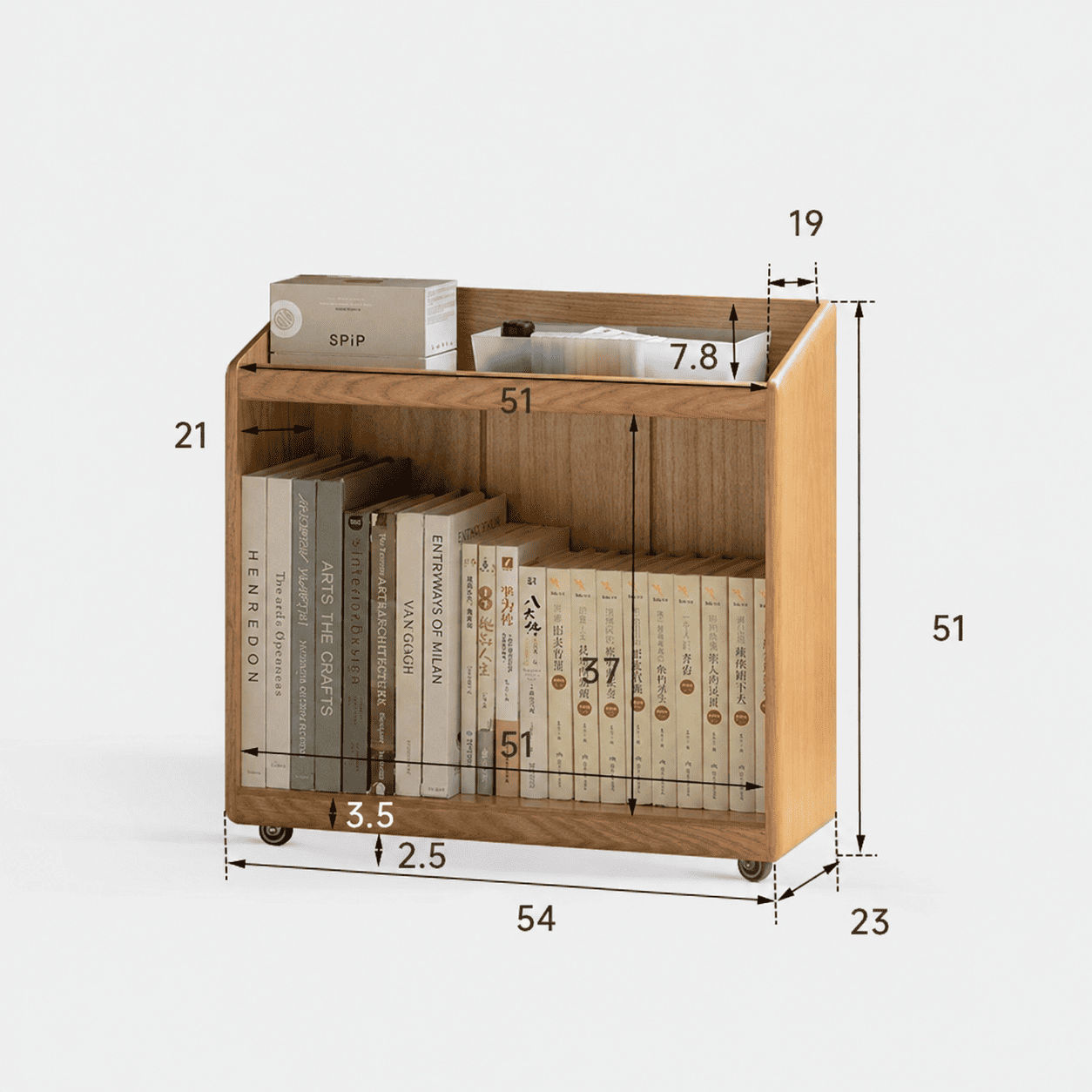 Natural oak mobile book storage cabinet with open compartments and concealed caster wheels