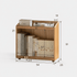 Natural oak mobile book storage cabinet with open compartments and concealed caster wheels