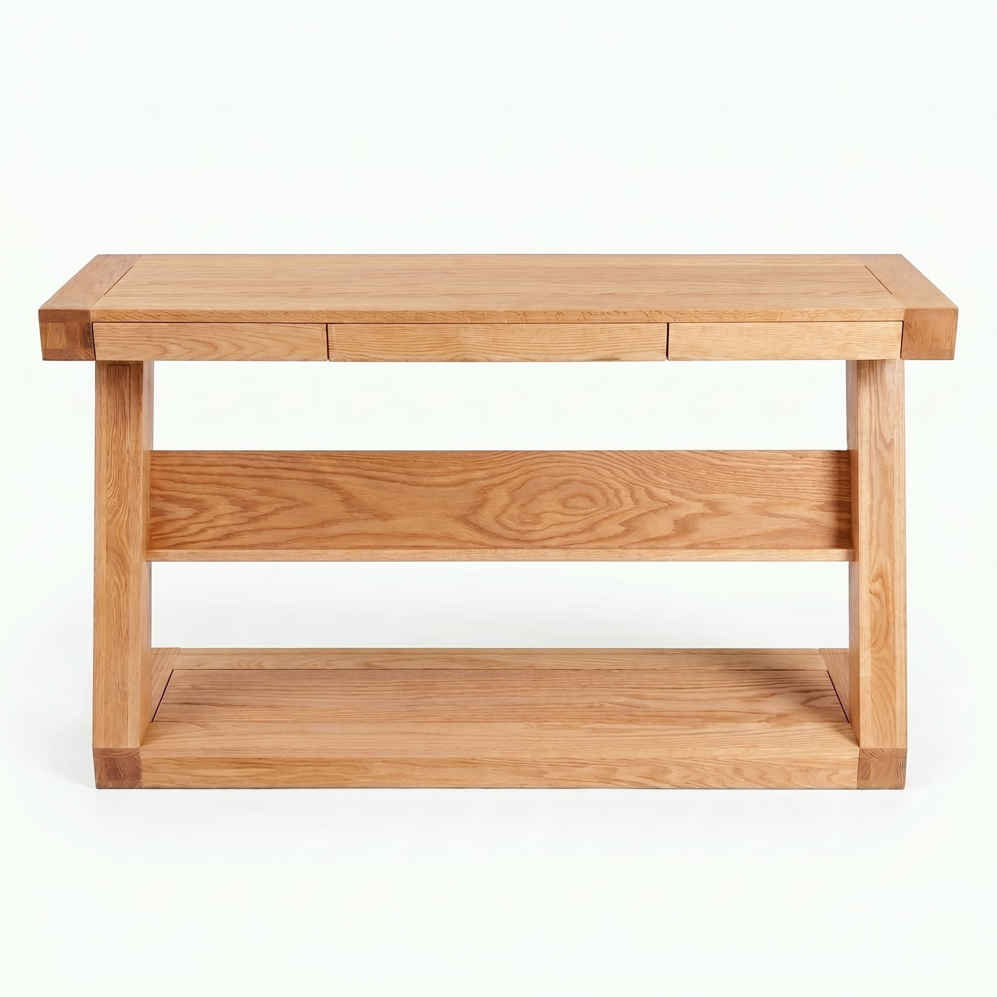 Zetland Natural Solid Oak Console Table styled with round mirror, table lamp, plants, and books in a modern living room
