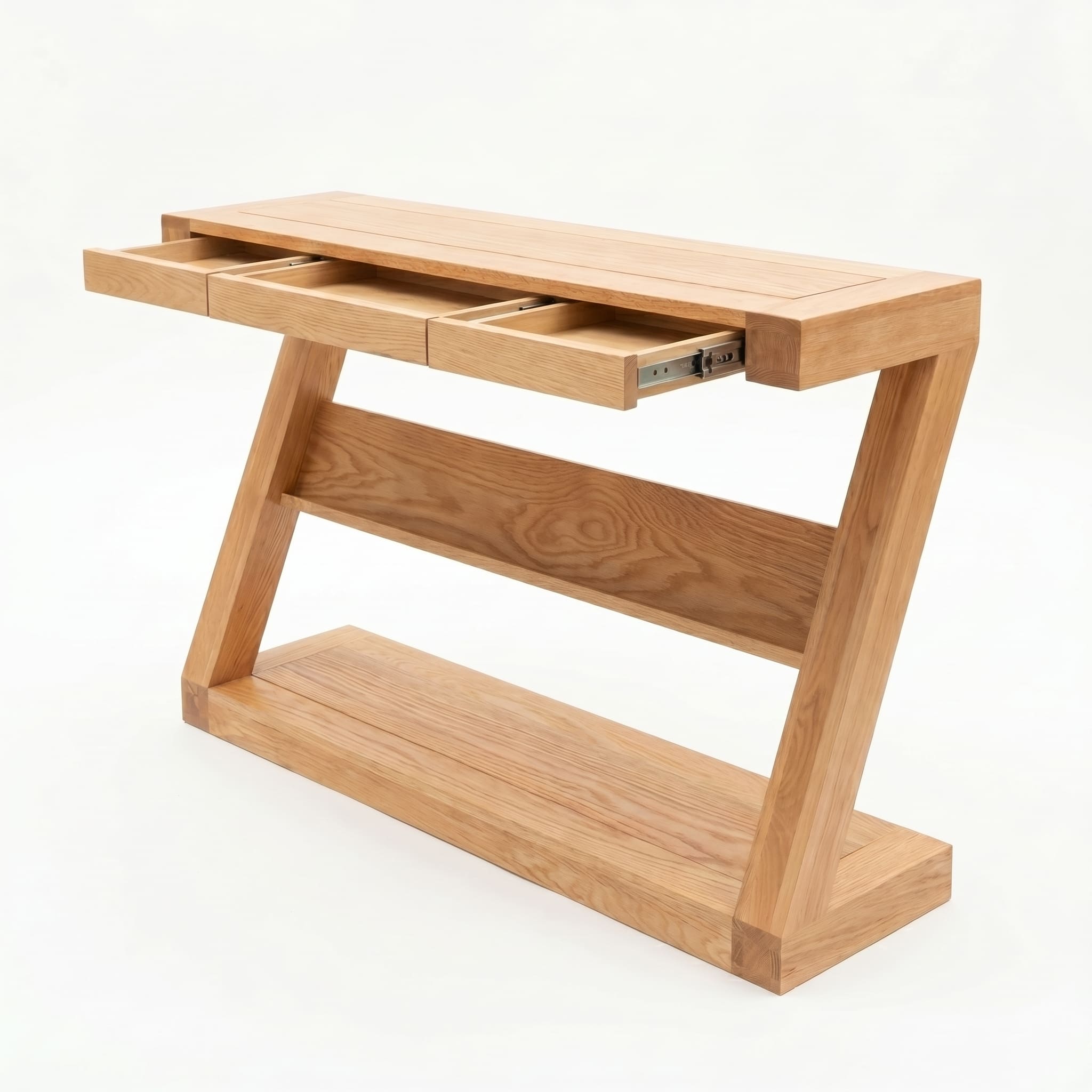 Natural solid oak console table with drawers, warm wood grain, and hallway storage design