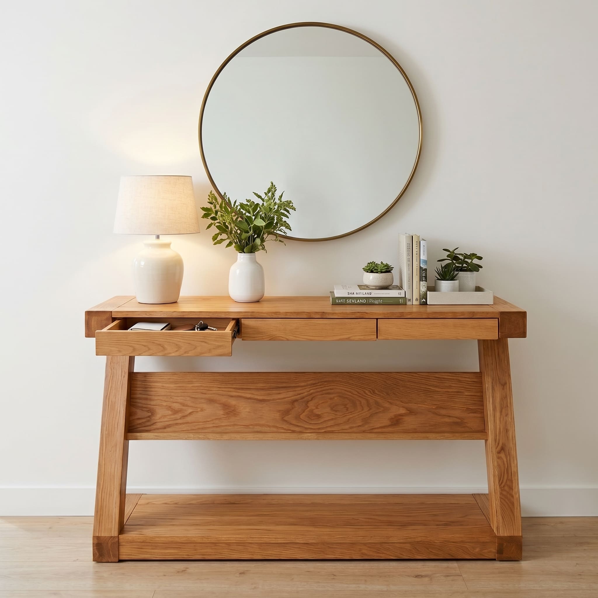 Zetland Natural Solid Oak Console Table with warm timber texture and bold solid wood frame