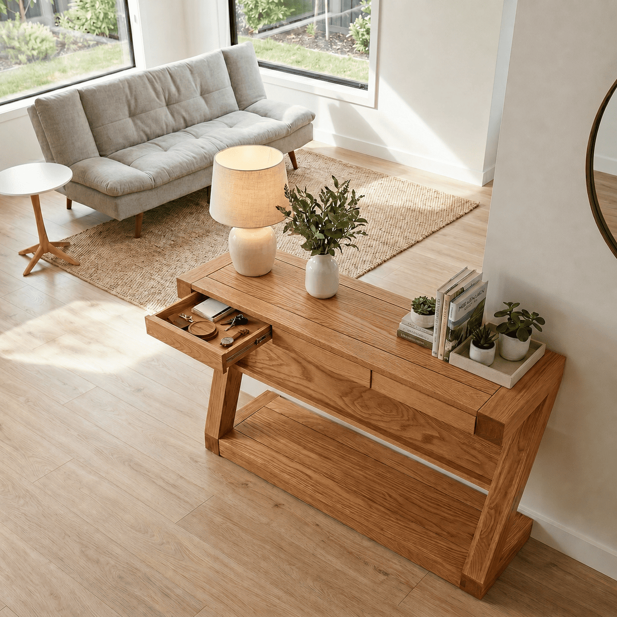 Zetland oak console table with mirror and décor for entryway, hallway, and living room styling