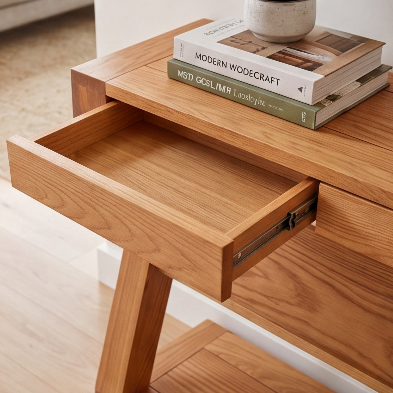 Zetland oak console table with clean lines, thick timber legs, and natural wood finish