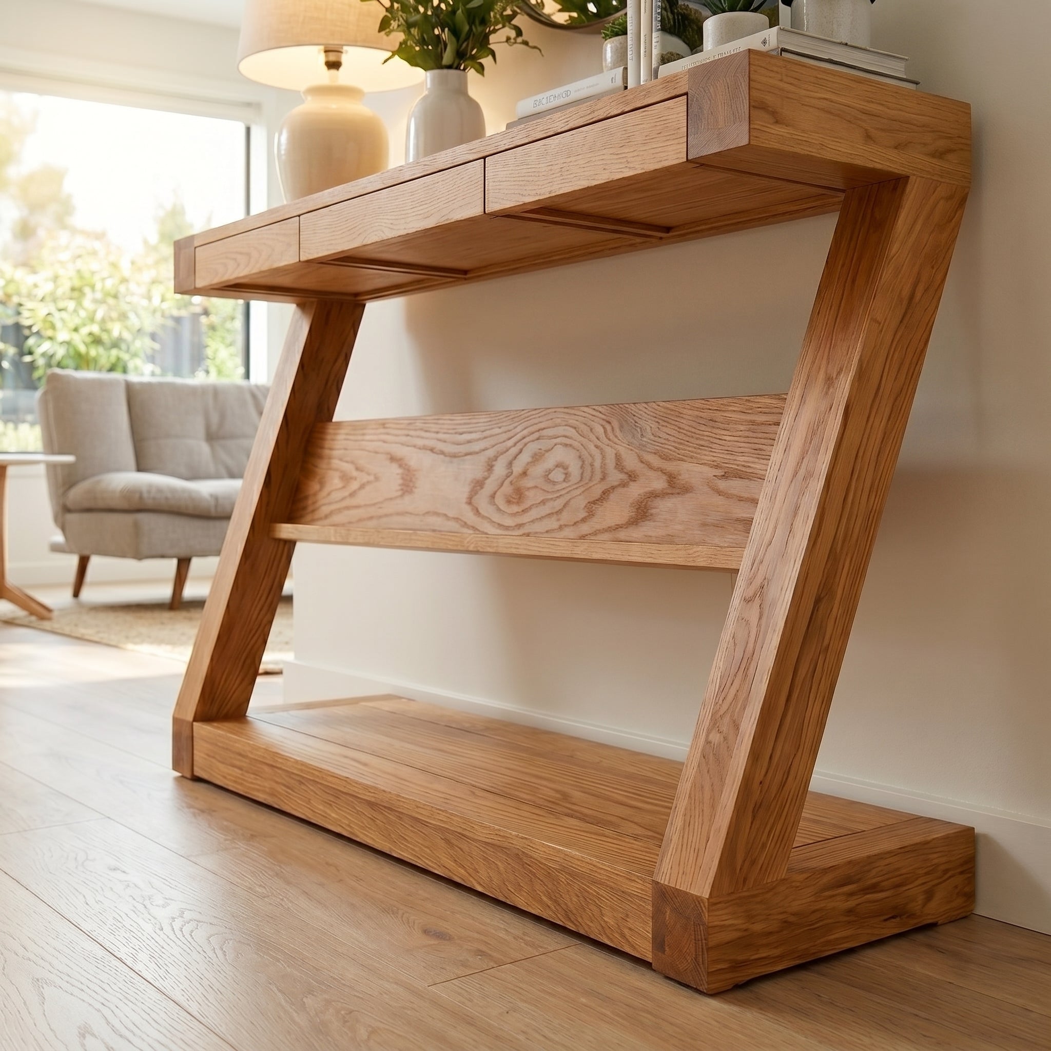 Solid oak console table for hallway, lounge room, entrance, and open-plan living spaces