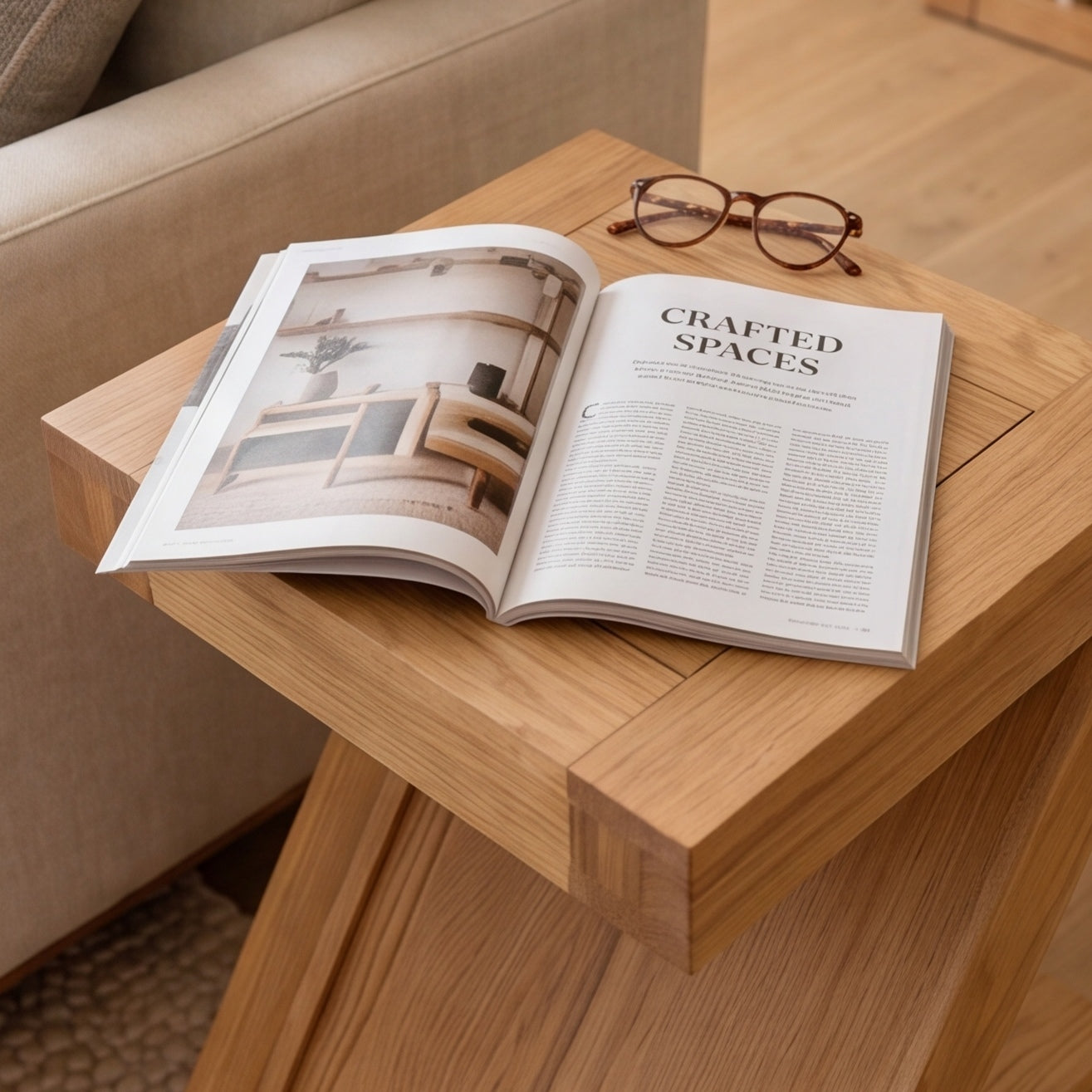 Natural oak lamp table with sculptural Z-shaped base for modern living room furniture