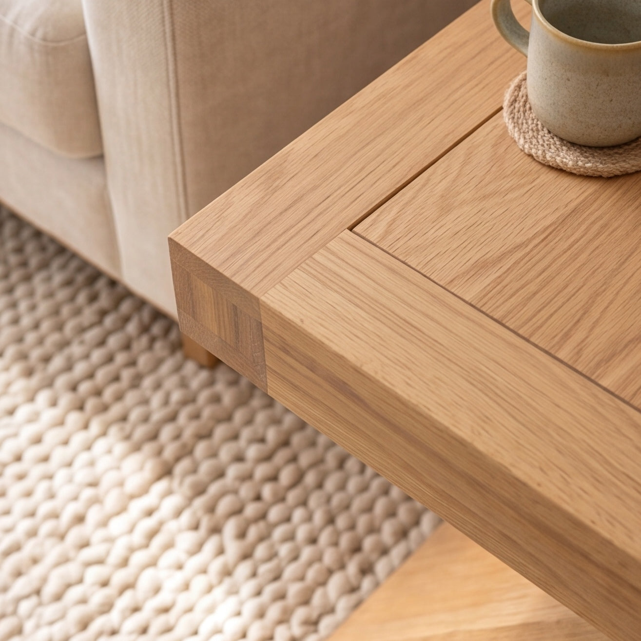 Solid oak lamp table paired with beige sofa, indoor plants, and matching oak bookshelf