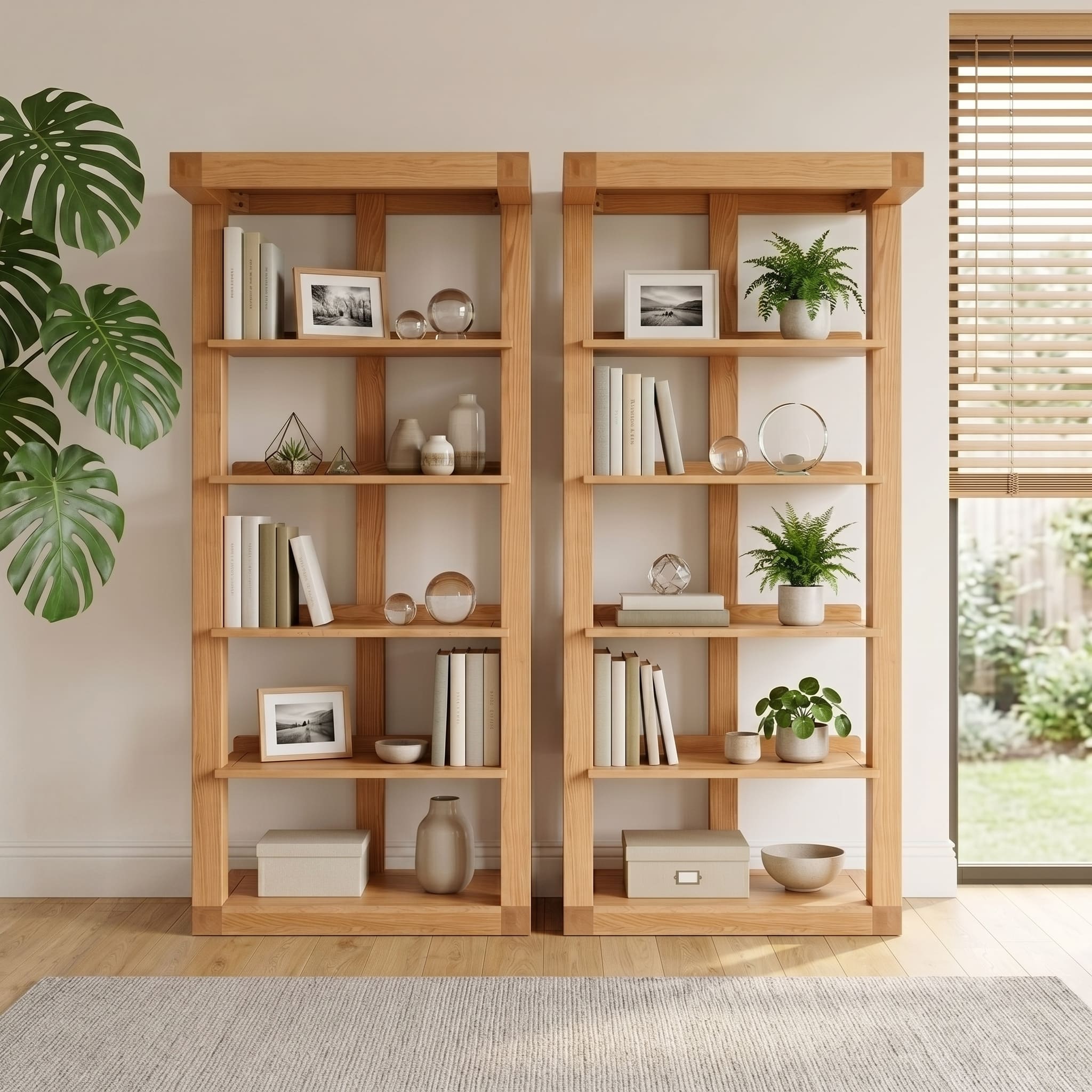 Zetland Natural Solid Oak Large Bookshelf styled with books, plants, and home décor in a bright living room