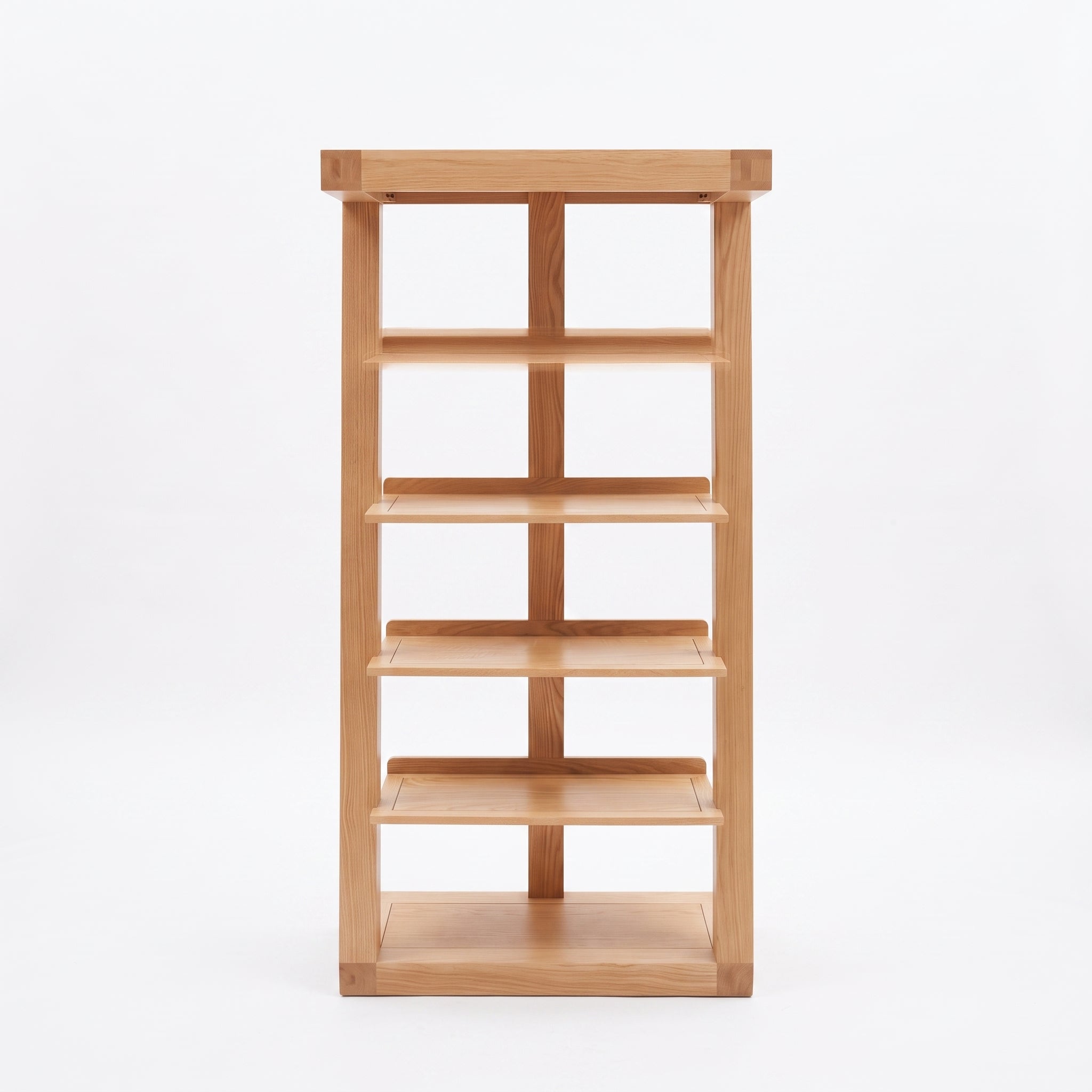 Solid oak large bookshelf with minimalist open shelf design and warm natural timber texture