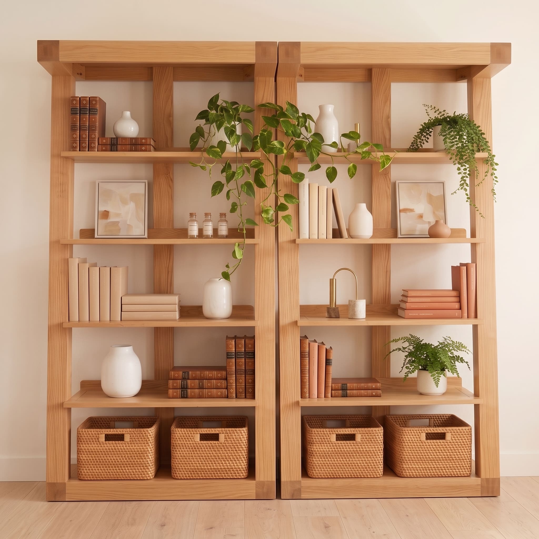Natural solid oak large bookshelf with open shelves for books, plants, and decorative storage