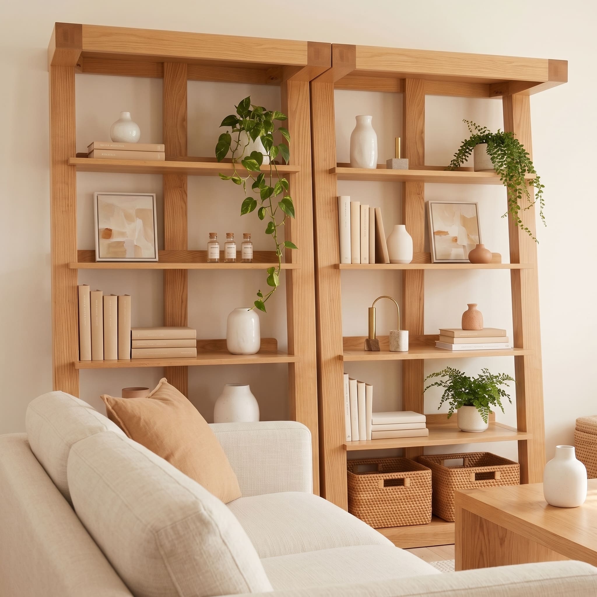 Large solid oak bookcase styled with books, framed prints, vases, and indoor plants