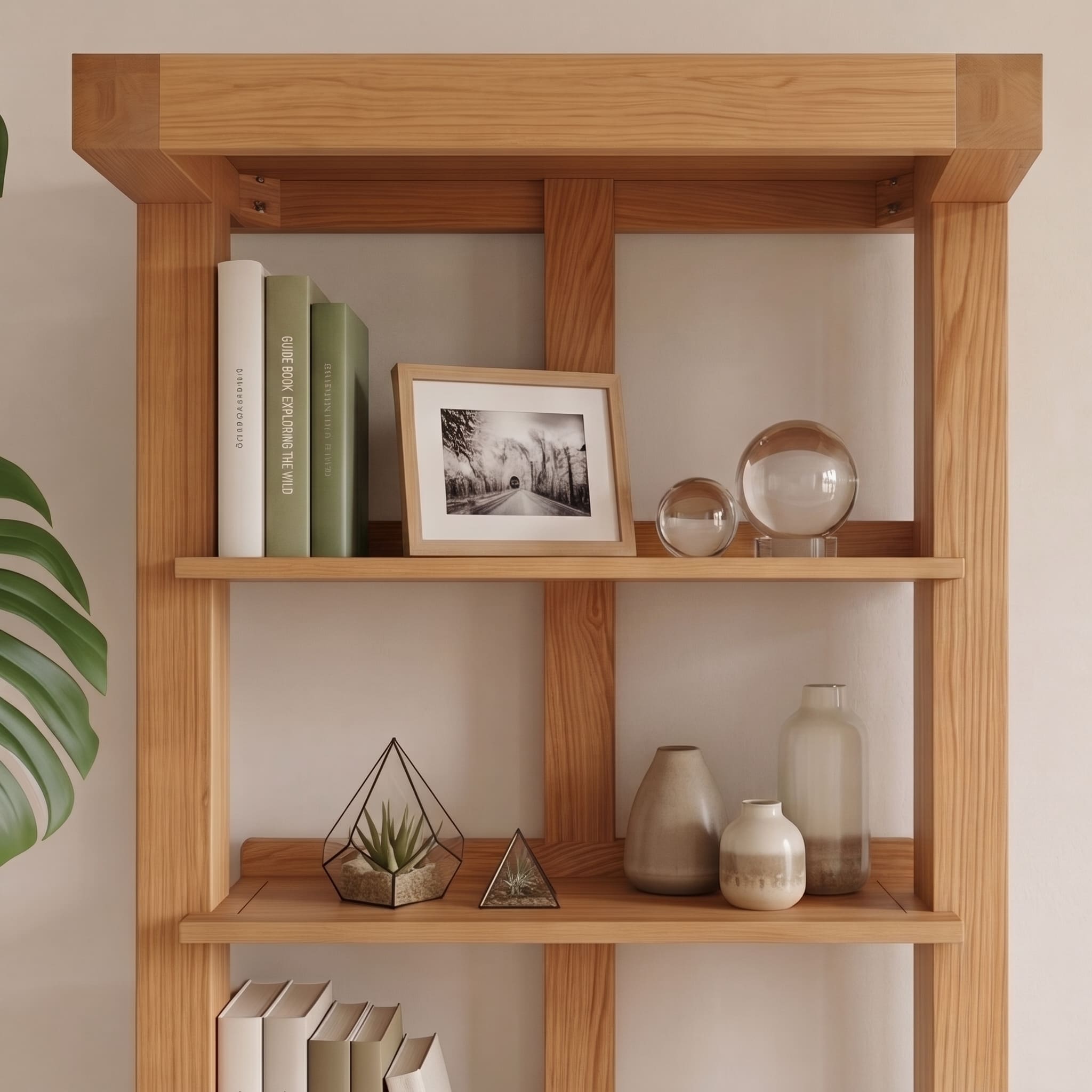 Natural oak open bookshelf for displaying books, baskets, plants, and home décor