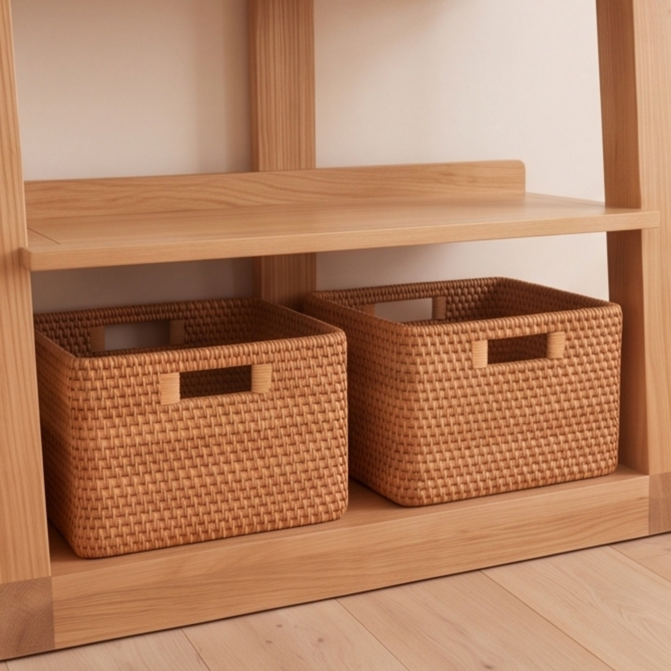 Large natural oak bookshelf paired side by side for a stylish living room storage wall