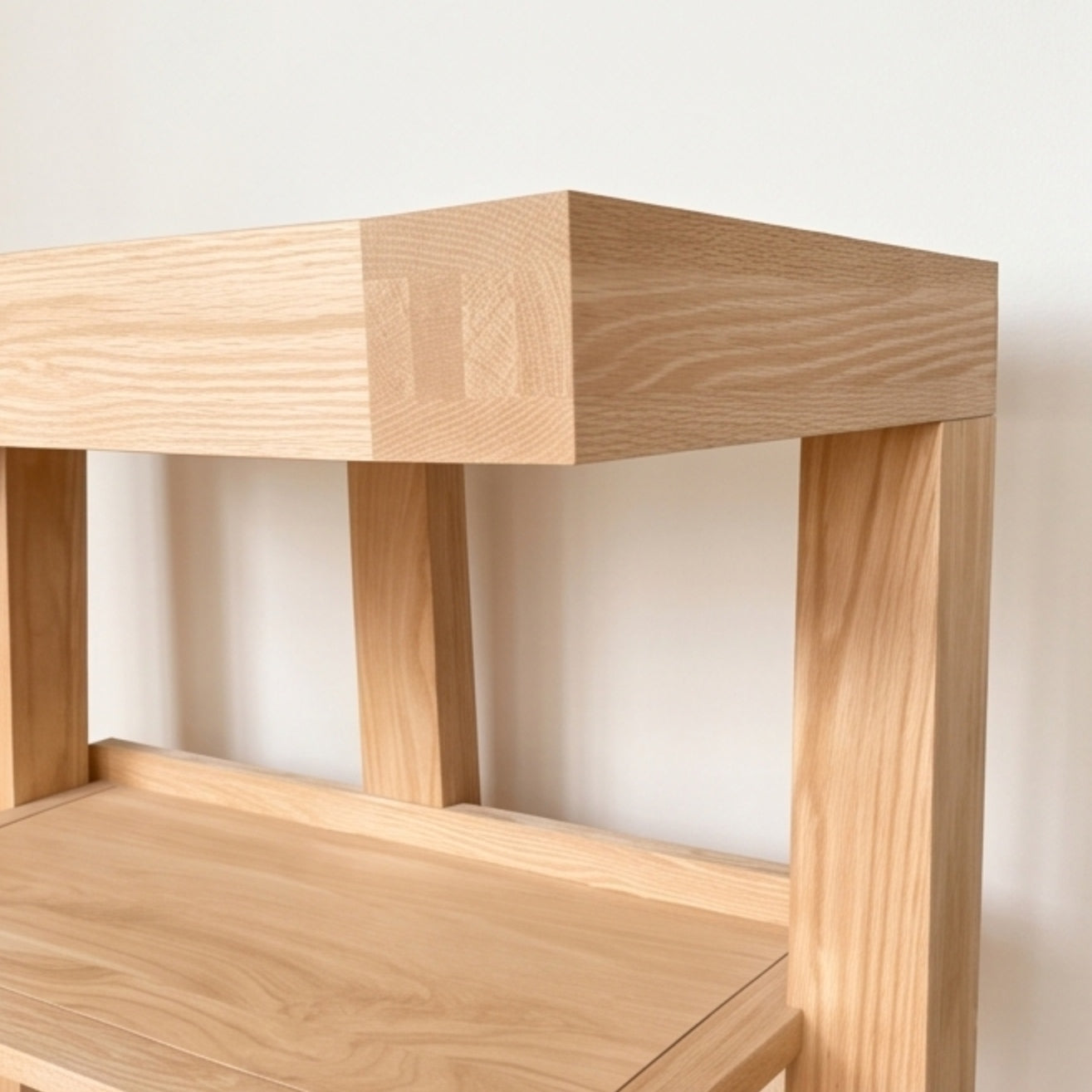 Warm solid oak bookshelf with natural grain finish for books, décor, and indoor plants
