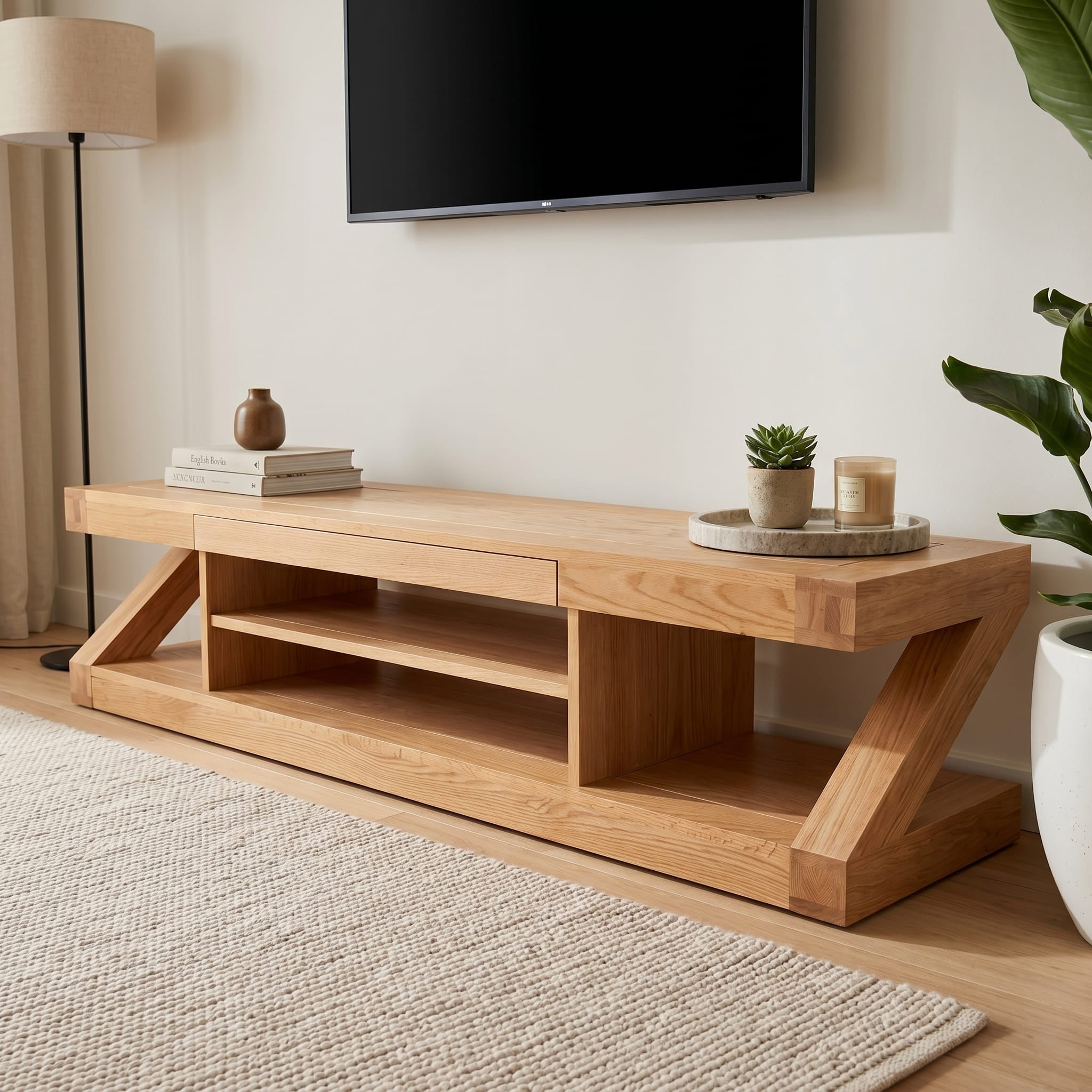 Large solid oak TV unit with spacious tabletop, centre drawer, and open storage shelves