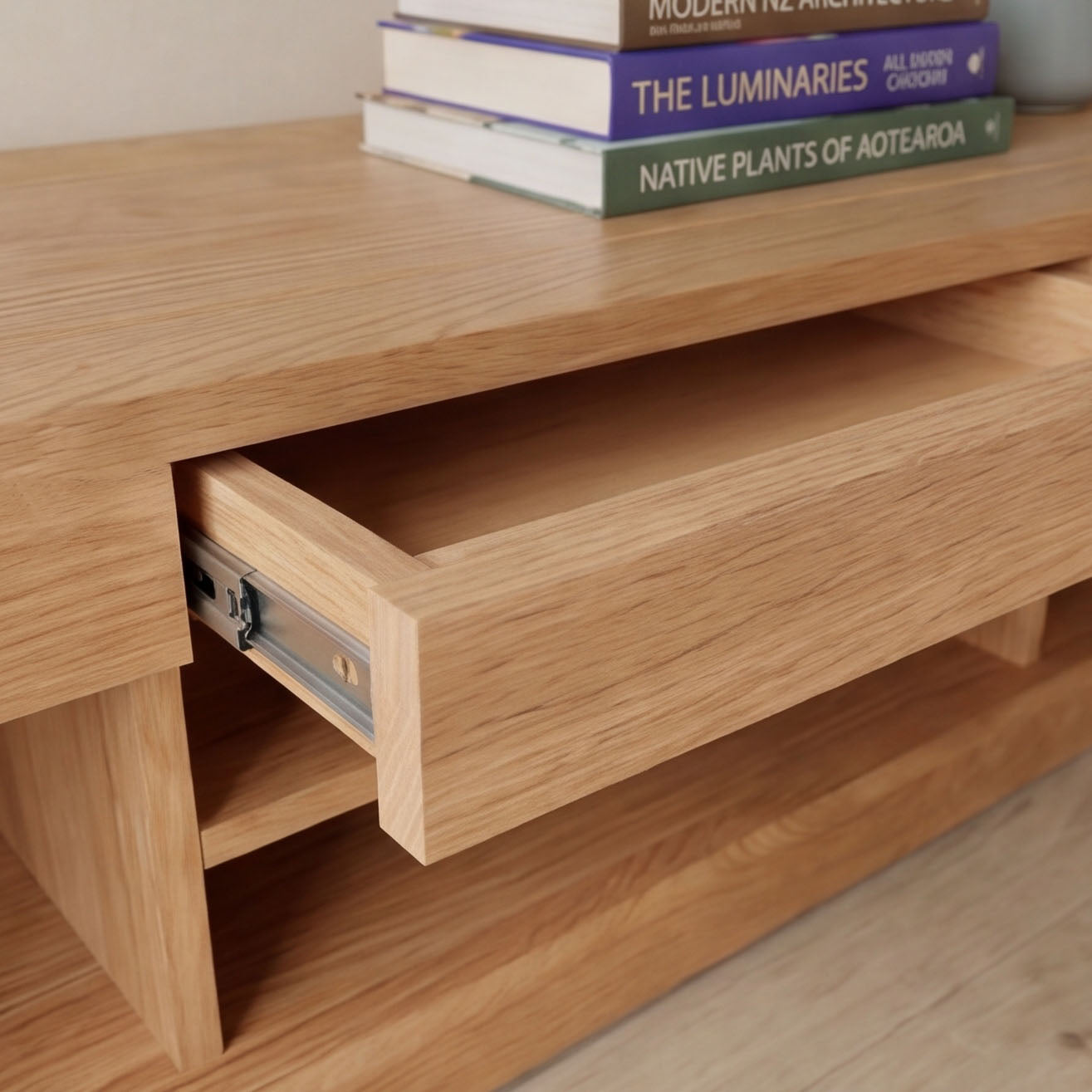 Zetland solid oak entertainment unit with clean lines, natural grain, and spacious low-profile design