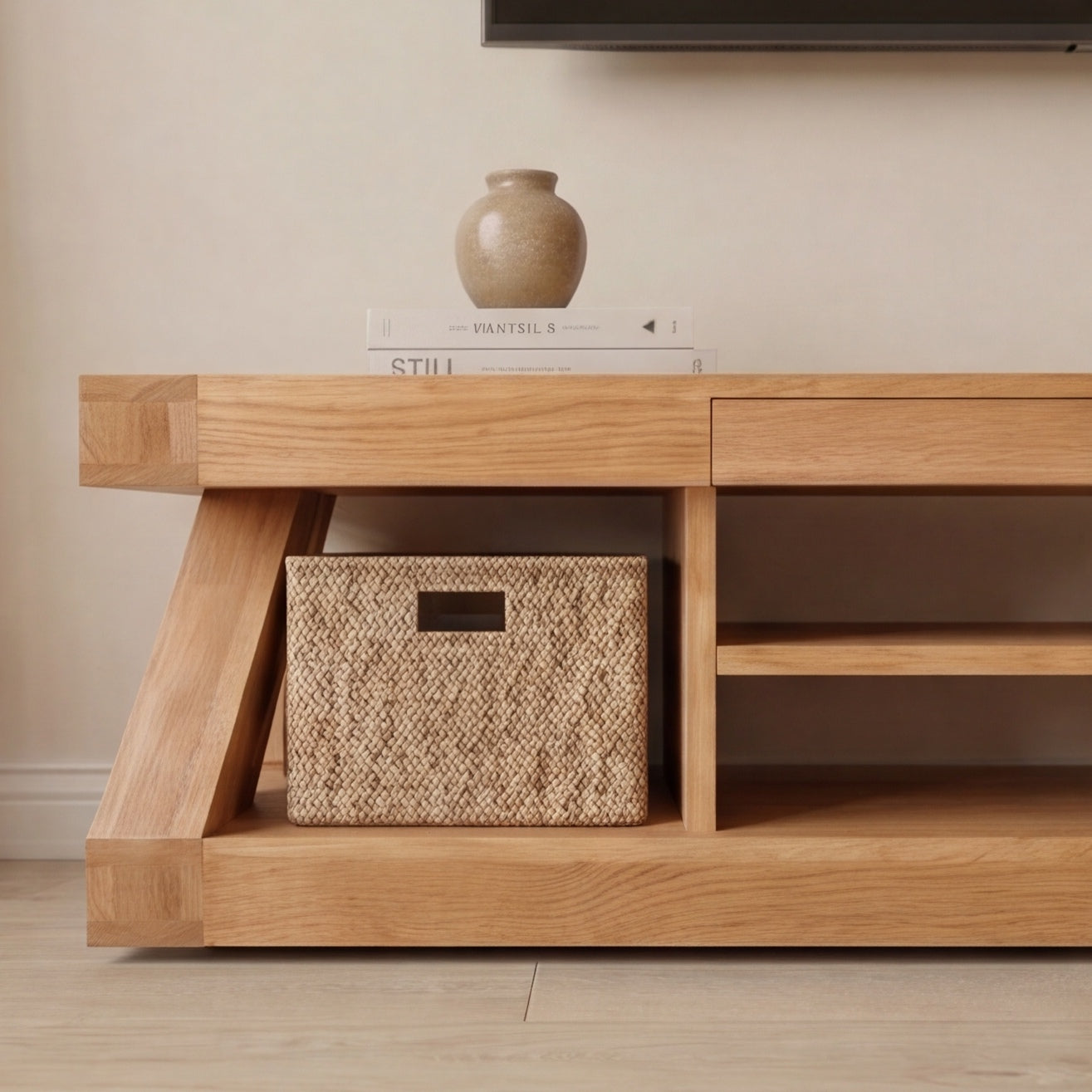 atural solid oak TV unit for lounge room, family room, and everyday media organisation