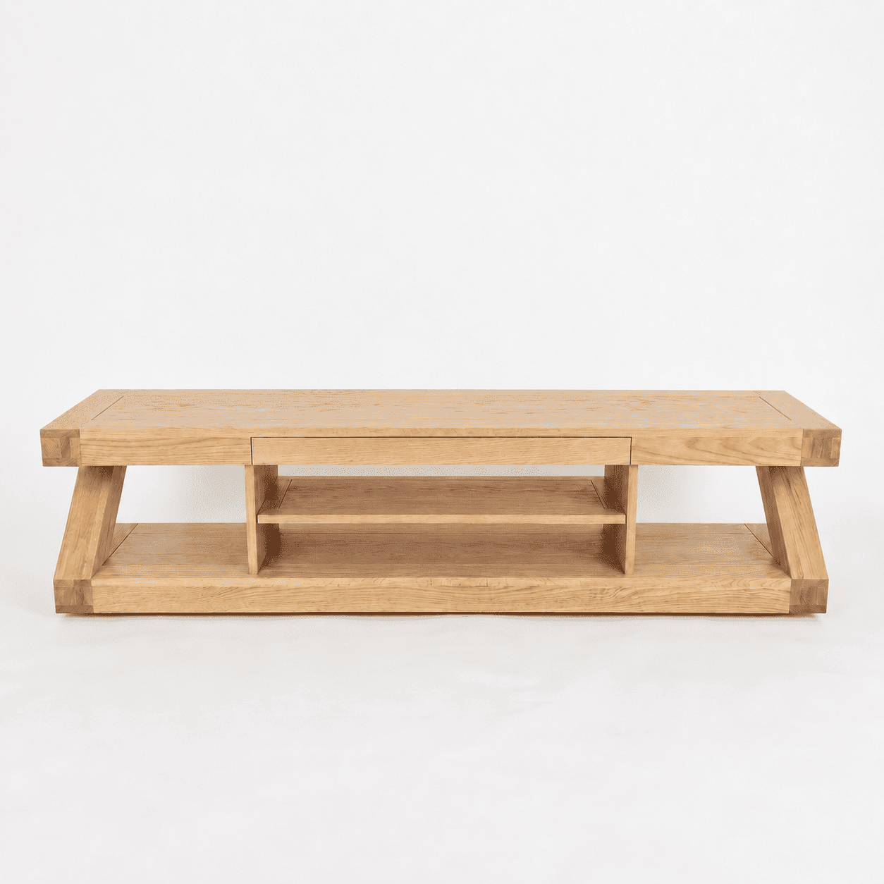Solid oak large entertainment unit with bold timber frame and angled leg design