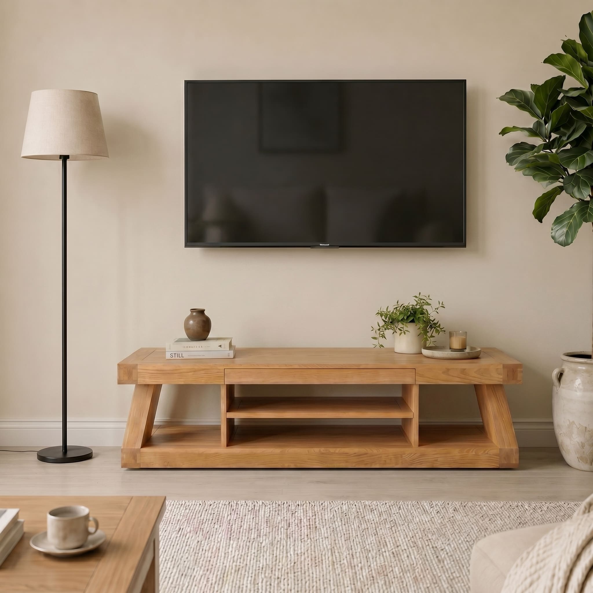 Zetland oak entertainment unit for living room media storage and modern TV display