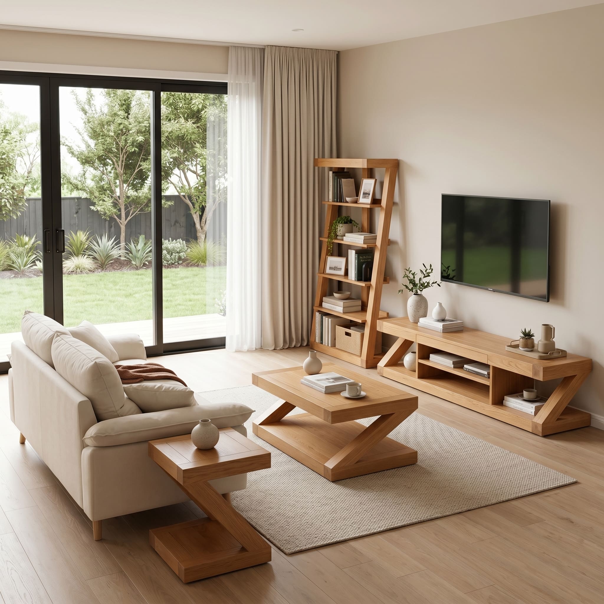 Natural solid oak entertainment unit with open media shelves and warm wood grain finish