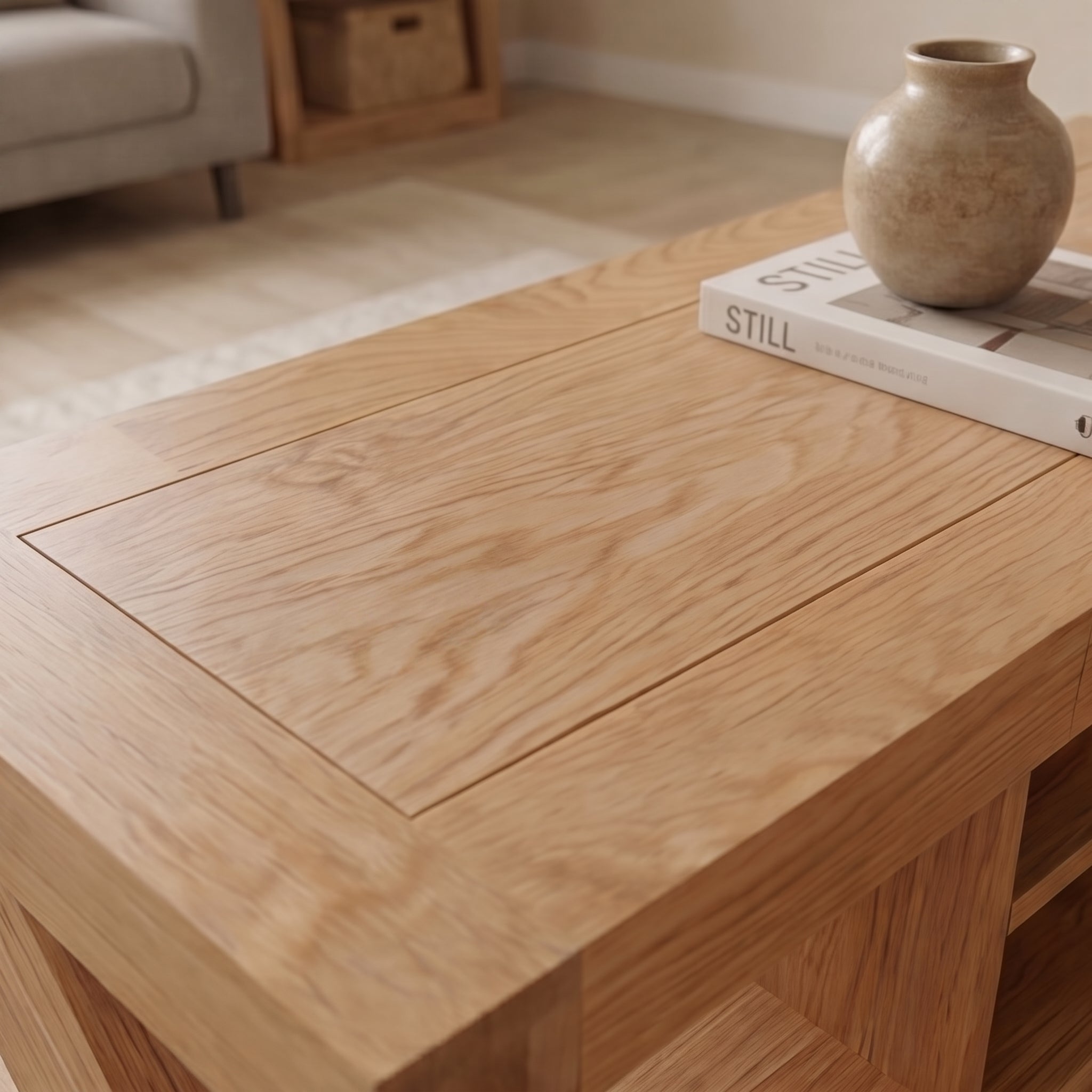 Large oak TV stand with open shelf storage for media players, books, and living room décor