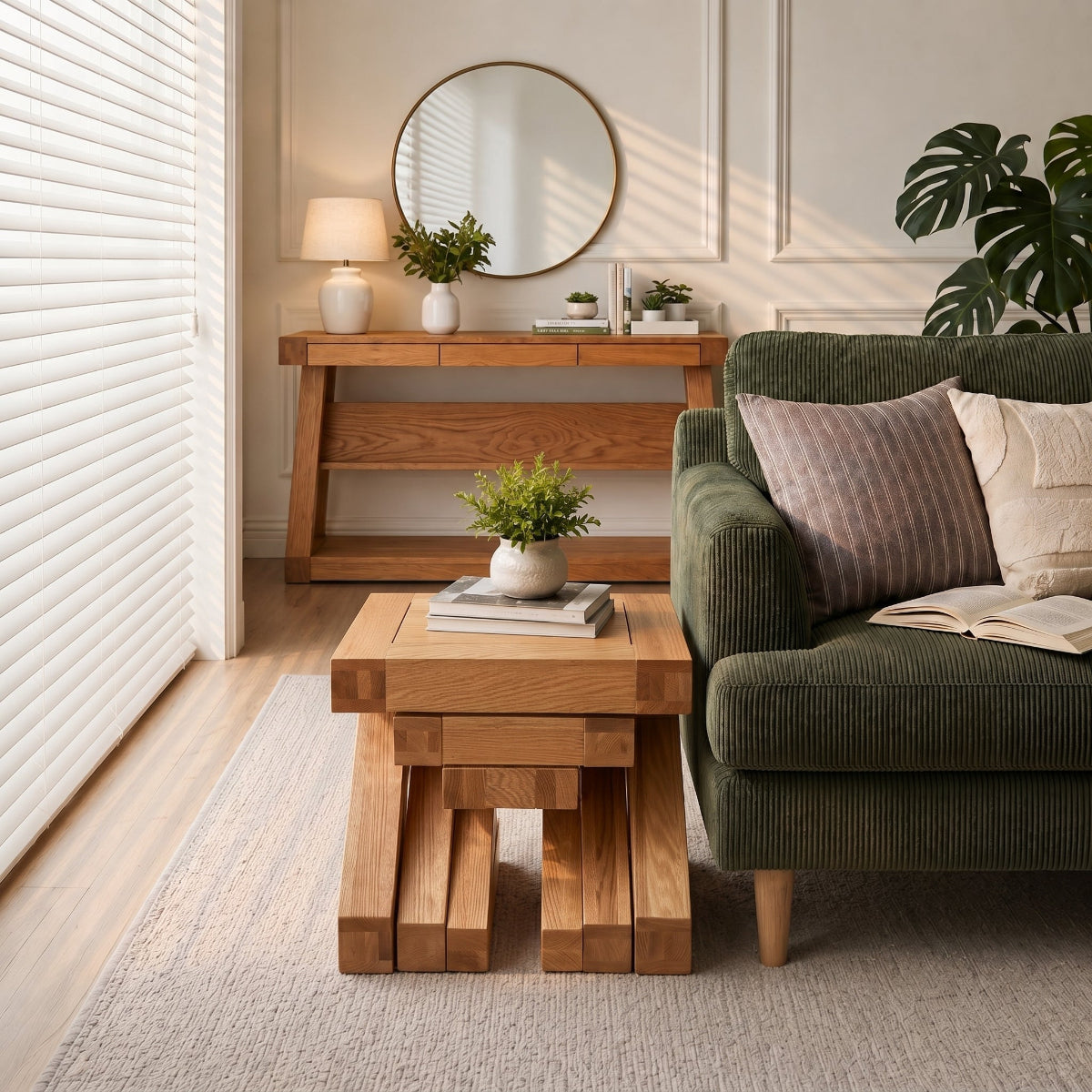 Natural solid oak side tables paired with sofa for modern lounge room styling
