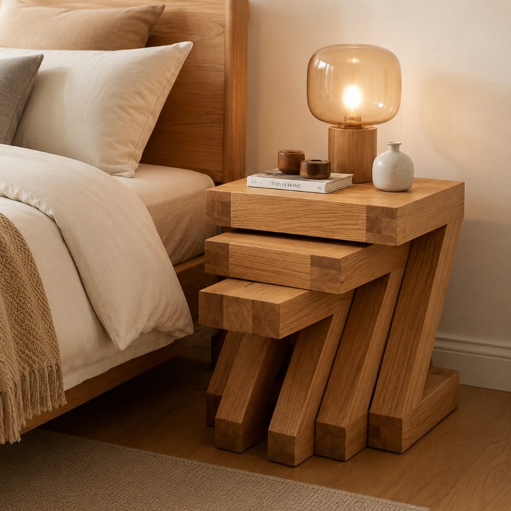 Solid oak nest of tables with thick timber legs and layered square tabletop design