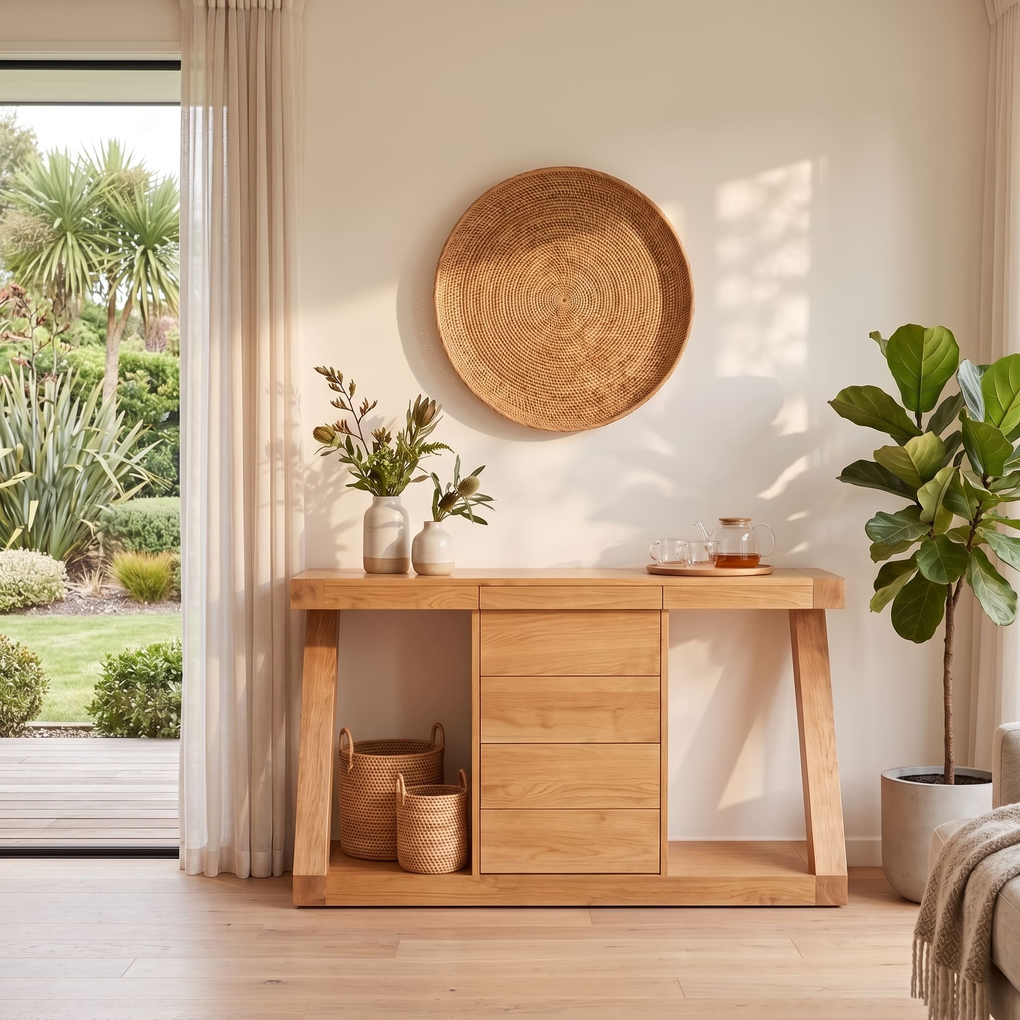 Solid oak sideboard buffet cabinet with natural wood finish and clean modern lines