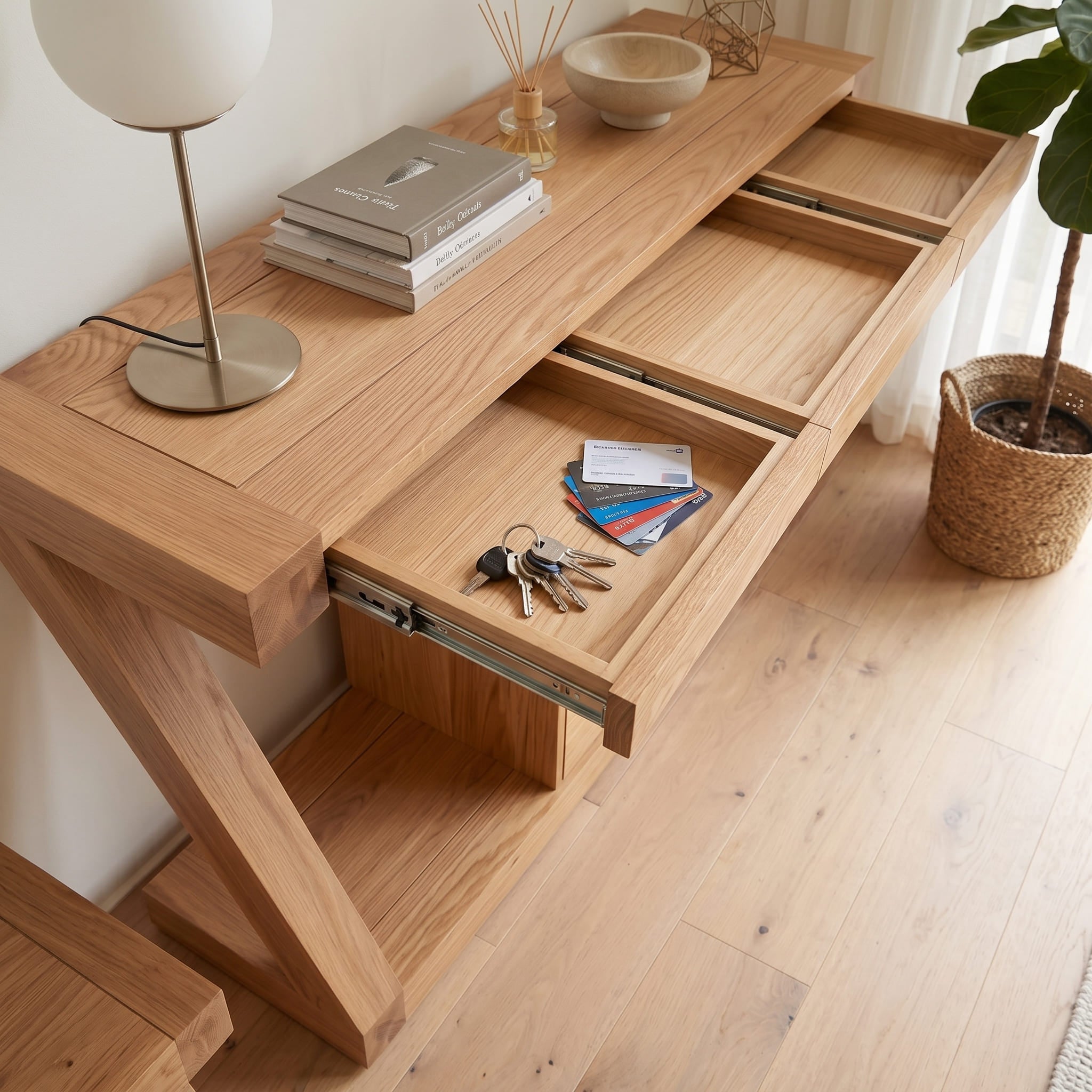 Solid oak buffet sideboard styled in a bright modern dining room with warm natural texture