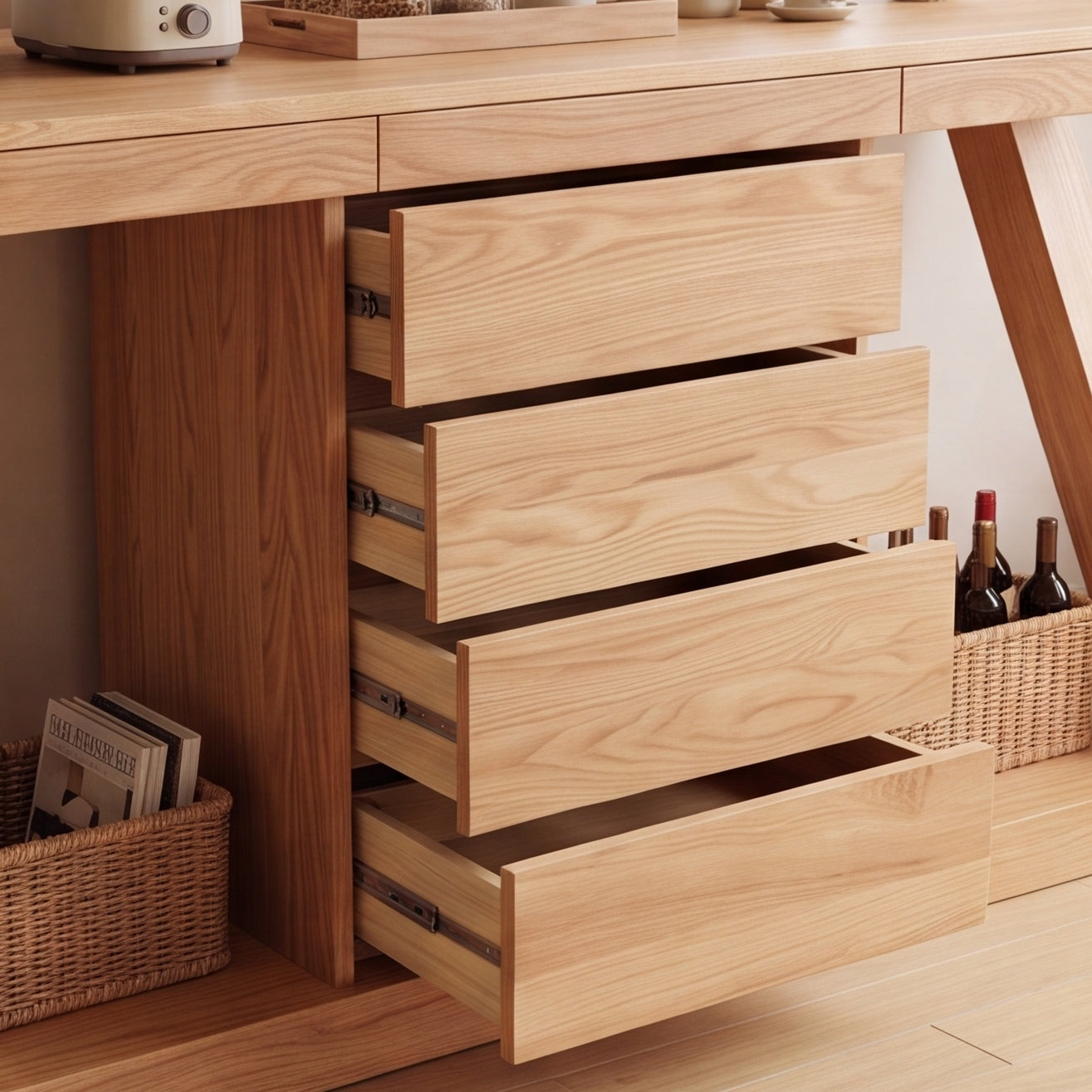 Natural solid oak storage cabinet for tableware, décor, books, and living room essentials