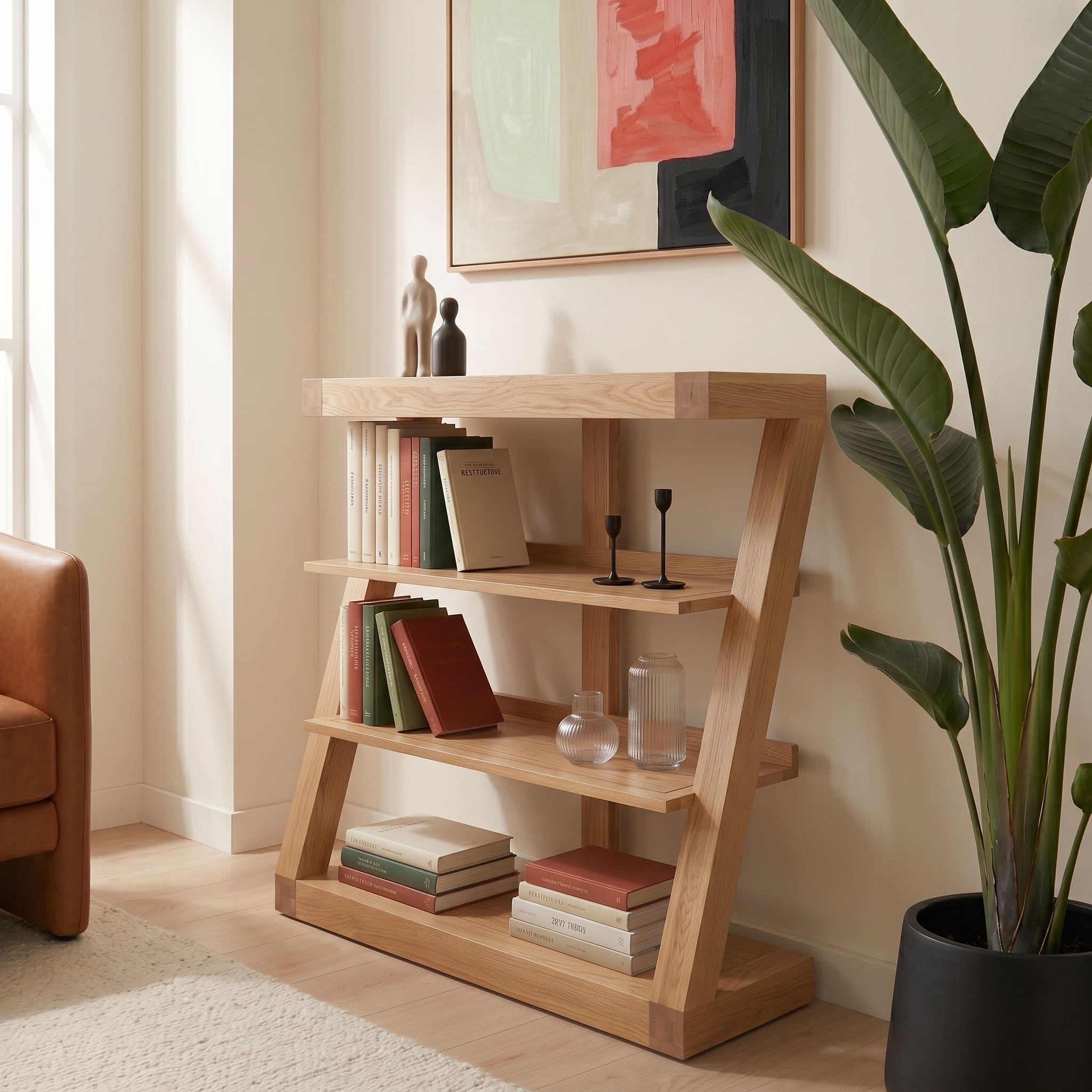 Zetland Natural Solid Oak Small Bookshelf styled with books, décor, and indoor plant in a modern living room